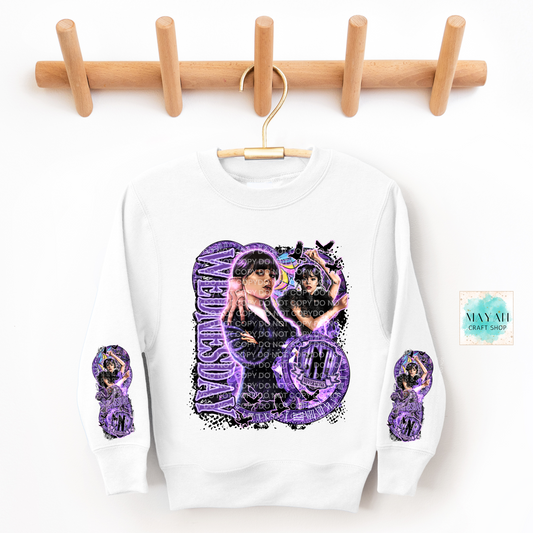 White sweatshirt with purple graphic design on a wooden hanger against a white background
