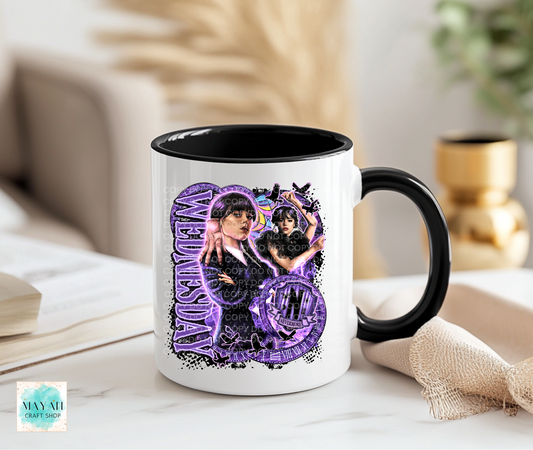 Mug with a graphic design on a table with a blurred background