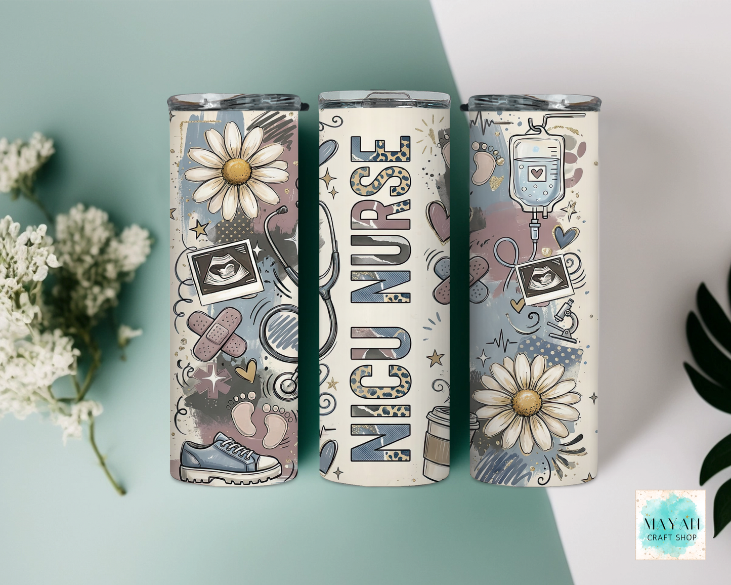 Three tumblers with nurse-themed designs on a light blue background