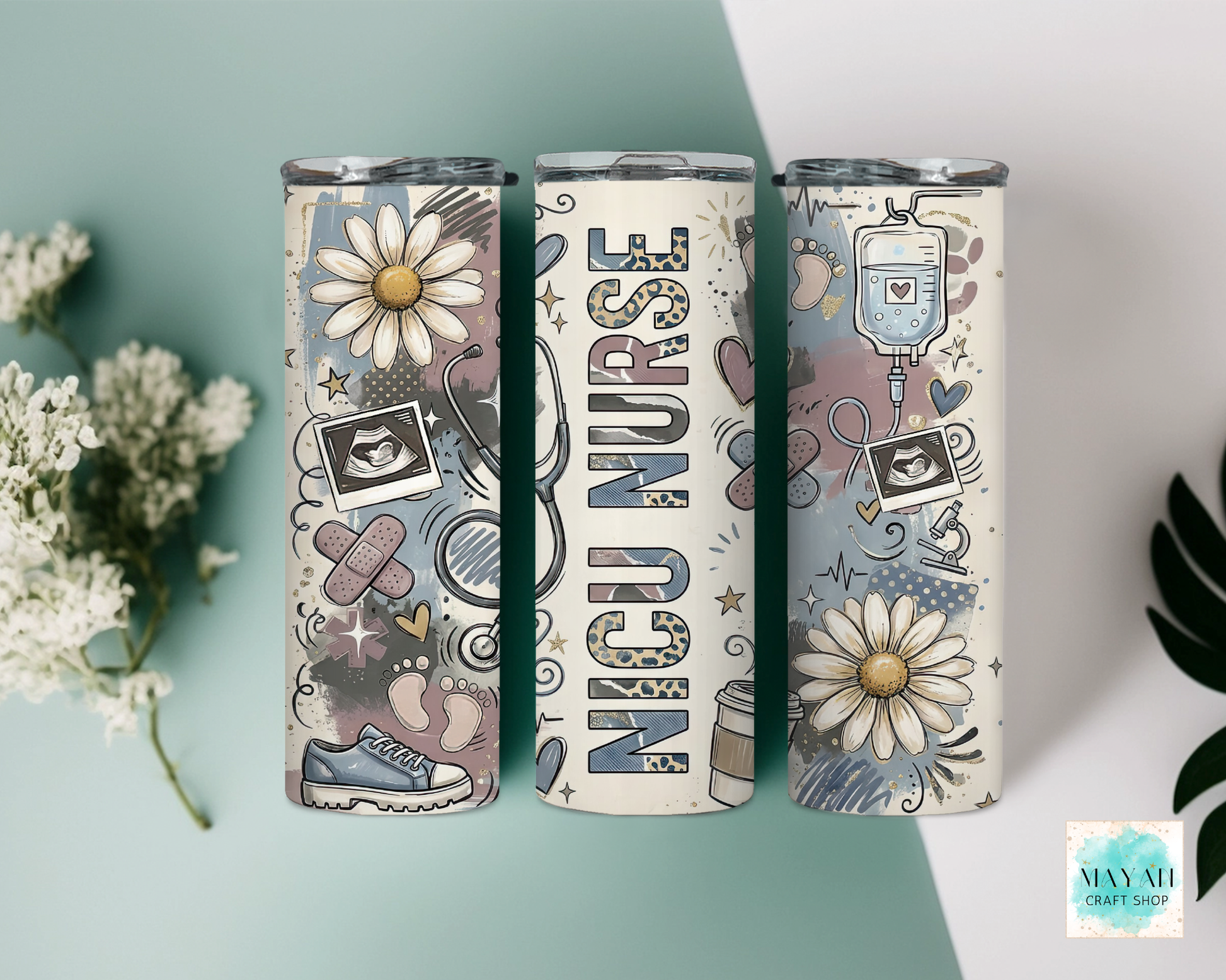 Three tumblers with nurse-themed designs on a light blue background