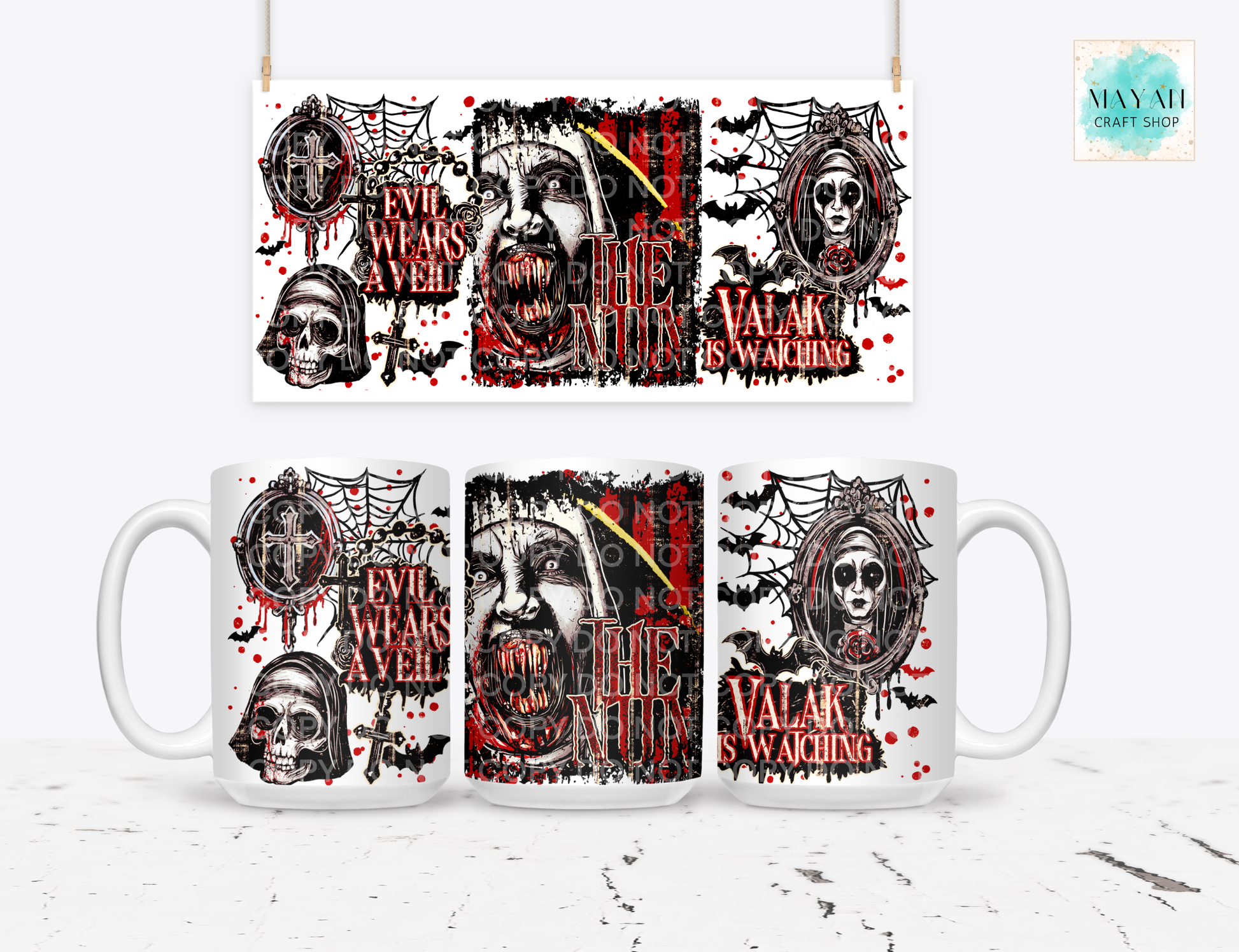 A white ceramic mug shown from the side with a printed Halloween-themed wraparound design. The design features three vertical panels with skulls, spiders, bats, and a gothic text in distressed black and red artwork.