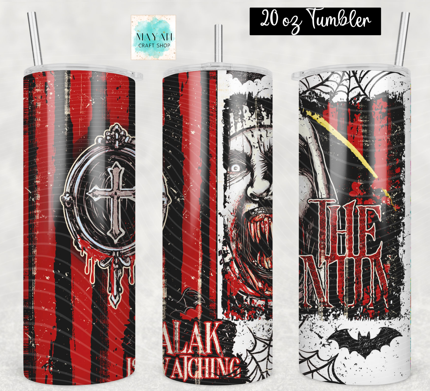 Three views of a 20 oz tumbler with a Halloween-themed gothic wrap design featuring red and black stripes, a cross emblem, a vampire face, spiderwebs.