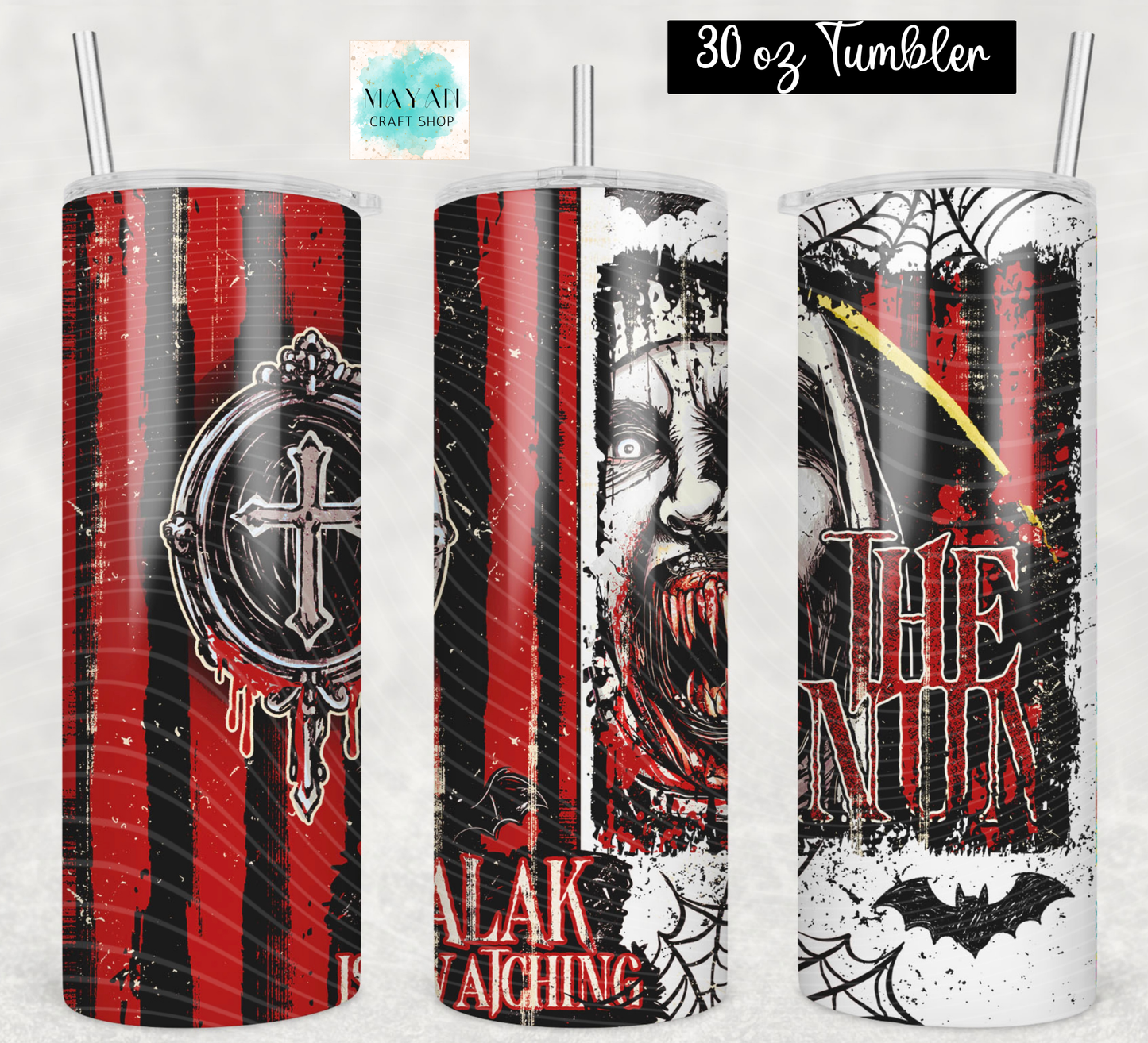 Three views of a 30 oz skinny tumbler with a Halloween-themed gothic wrap design. The design features red and black vertical stripes, a silver cross in a circular frame, a creepy face.