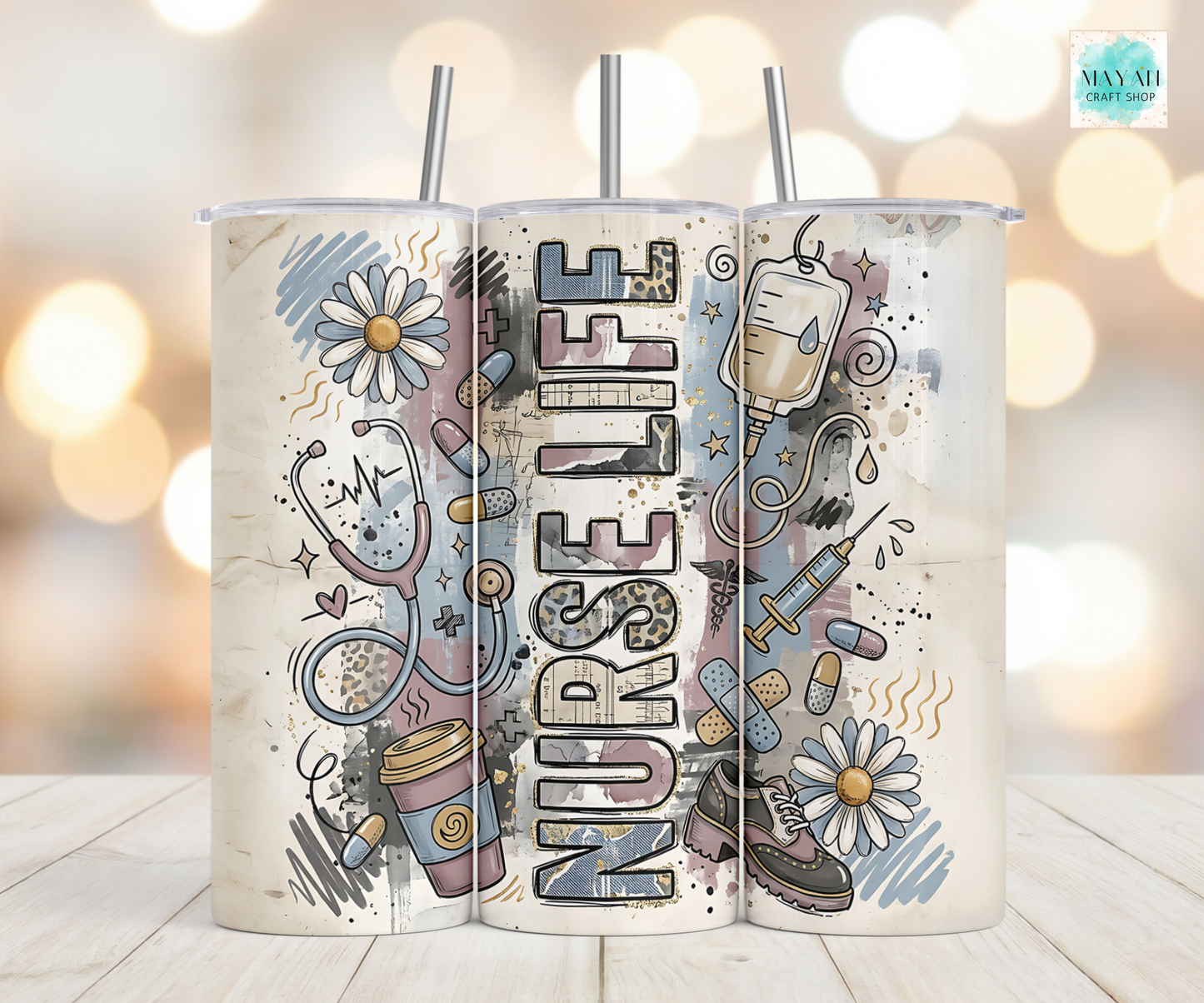 Tumbler with 'Nurse Life' design featuring medical symbols and flowers on a blurred background.