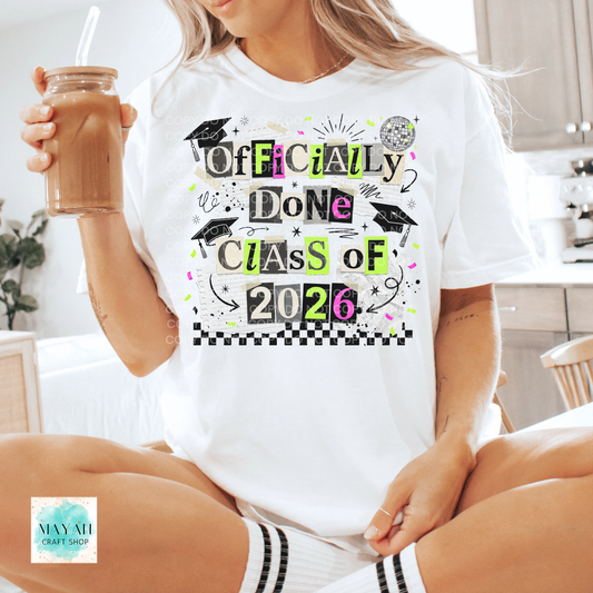 Person wearing a 'Class of 2026' t-shirt holding a drink.