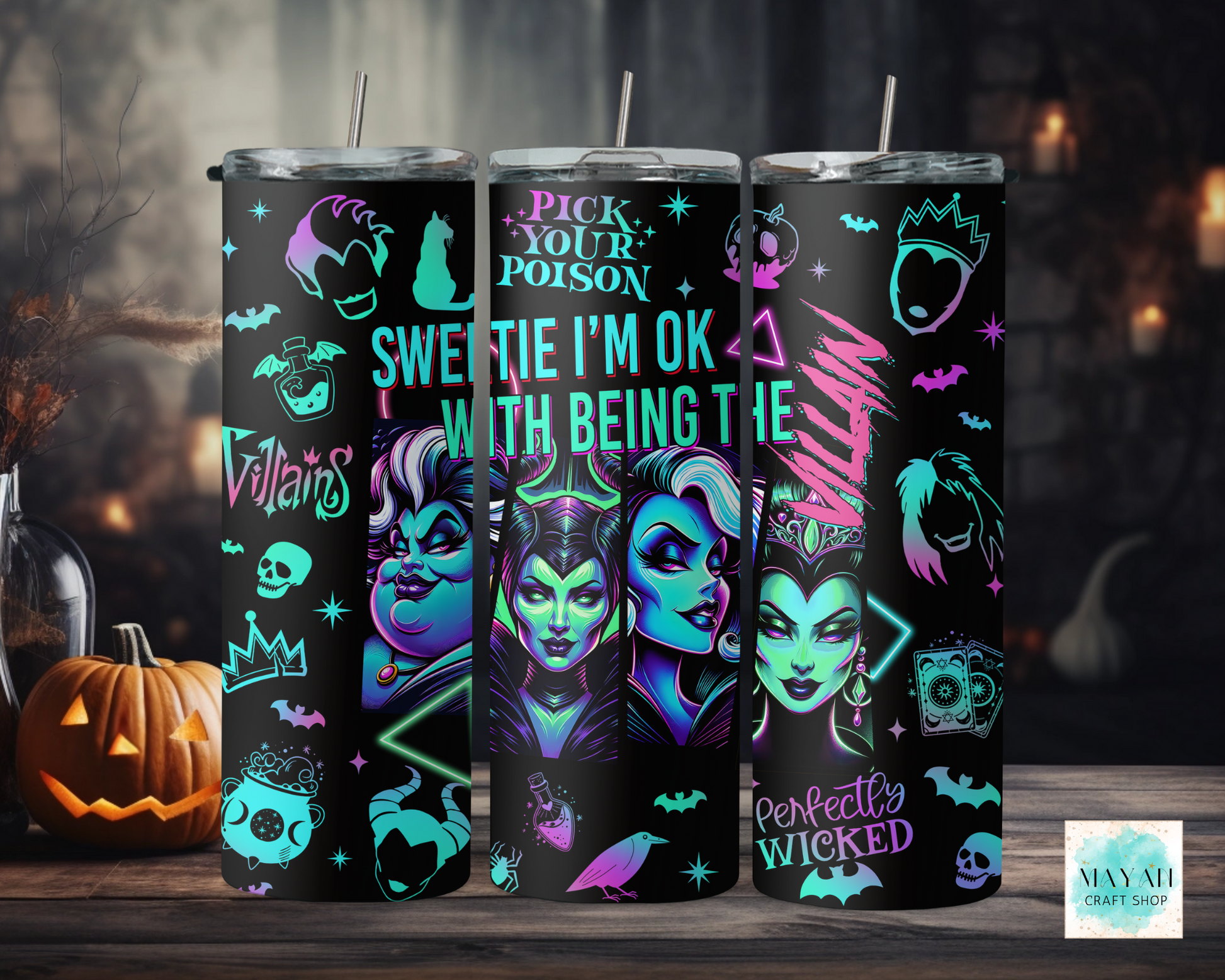 Three tumblers with Halloween-themed designs featuring characters and text on a dark background.