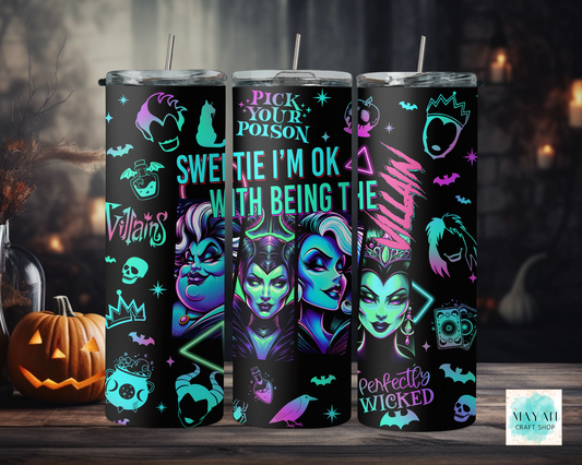 Three tumblers with Halloween-themed designs featuring characters and text on a dark background.