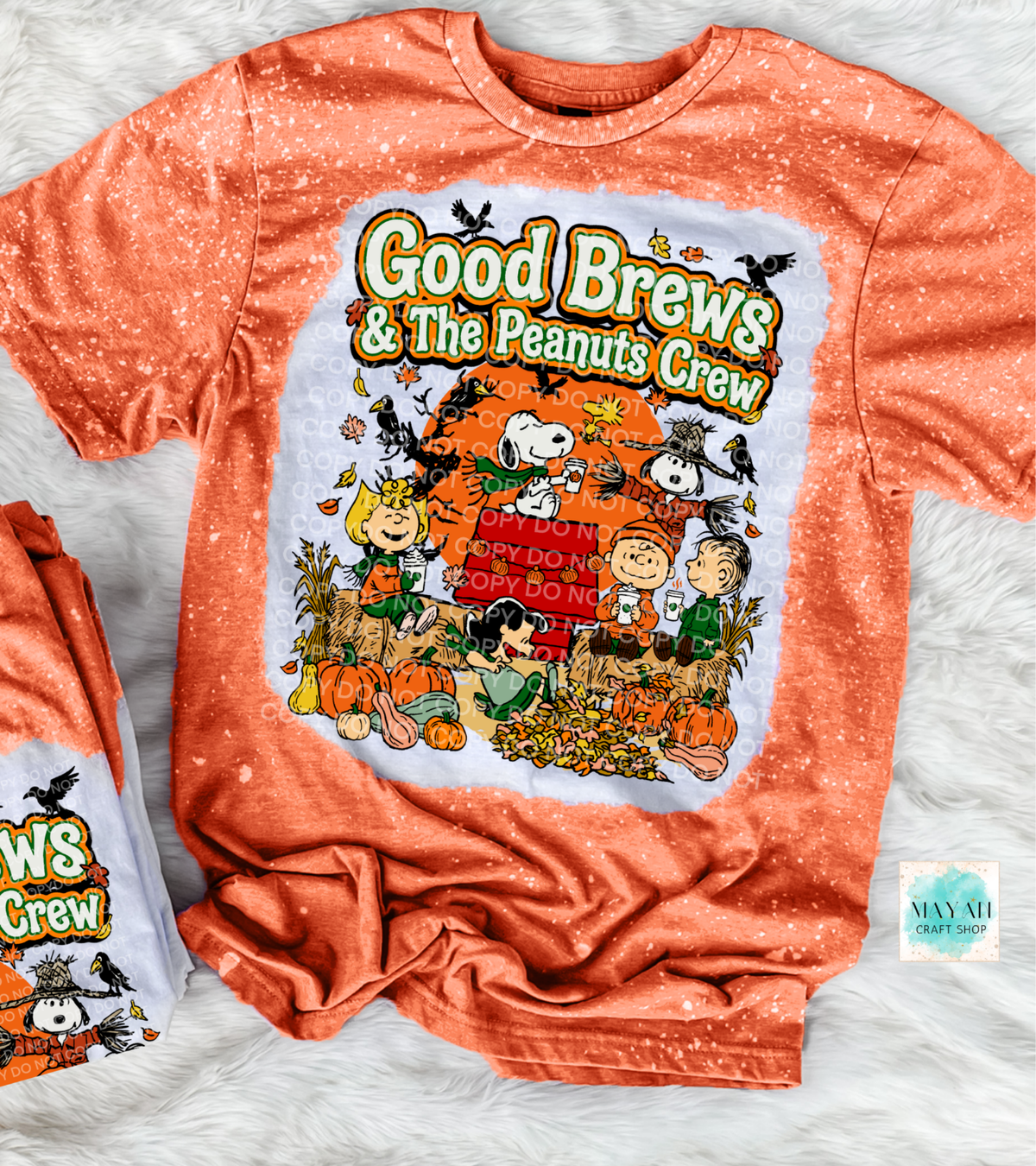 A heather orange bleached t-shirt featuring a 'Good Brews' graphic print, styled flat on a white faux fur background with a matching t-shirt sleeve visible on the left.