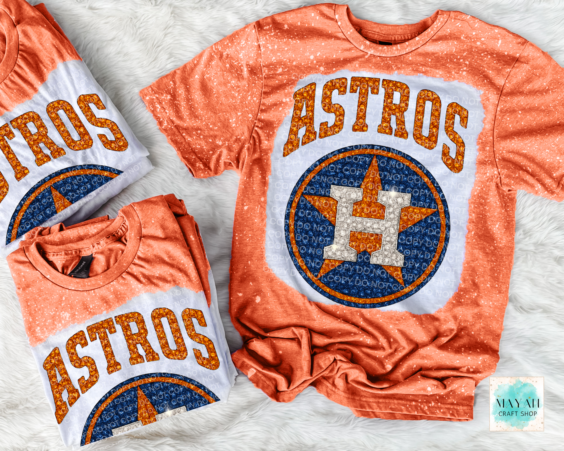 Houston baseball rhinestone effect heather orange bleached shirt. -Mayan Craft Shop