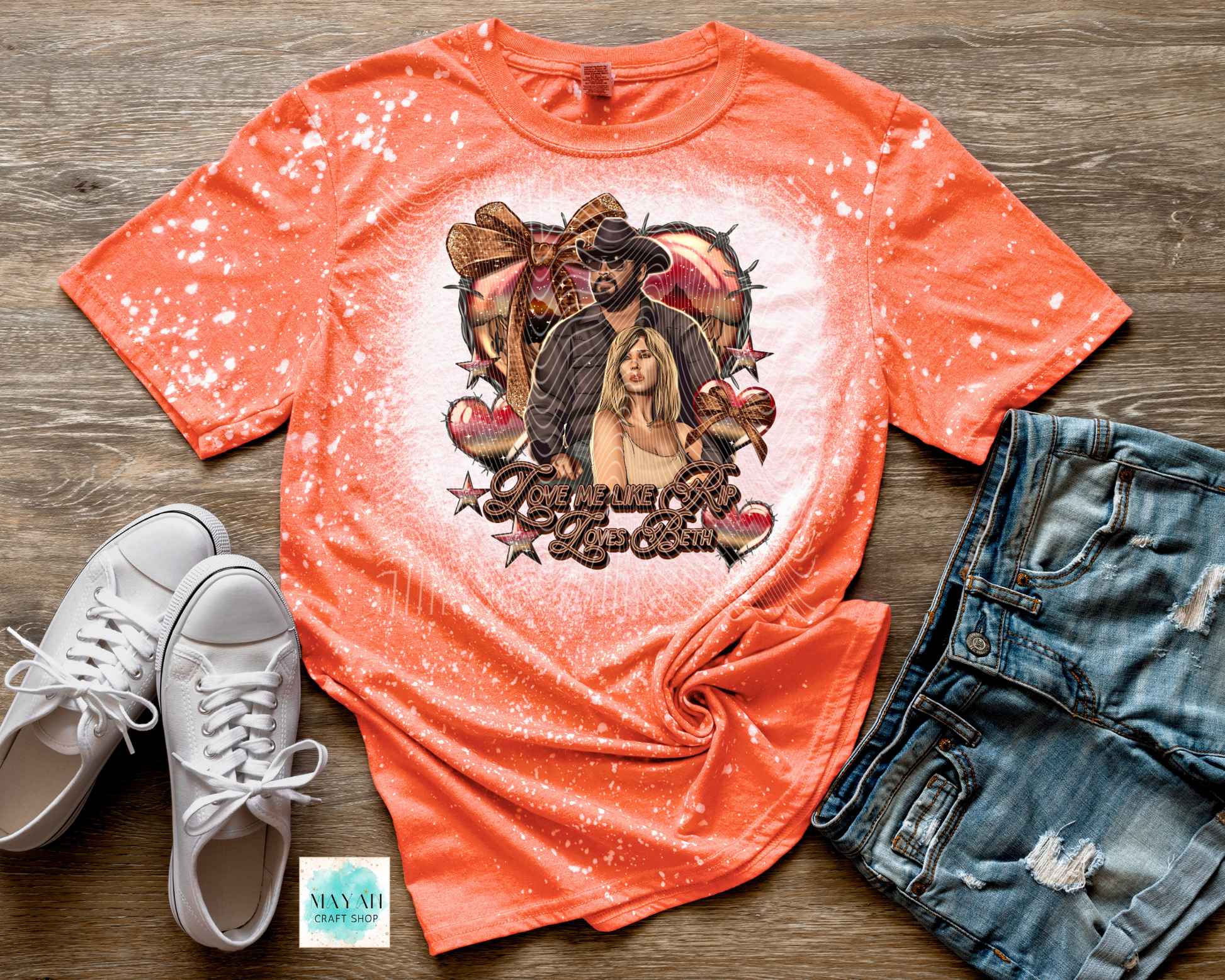 Western love heather orange bleached tee. -Mayan Craft Shop