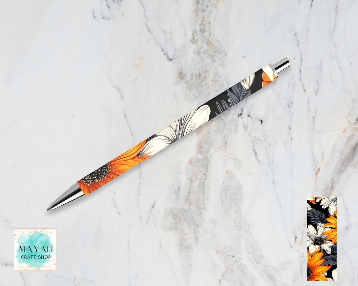 Orange black daisies pen.