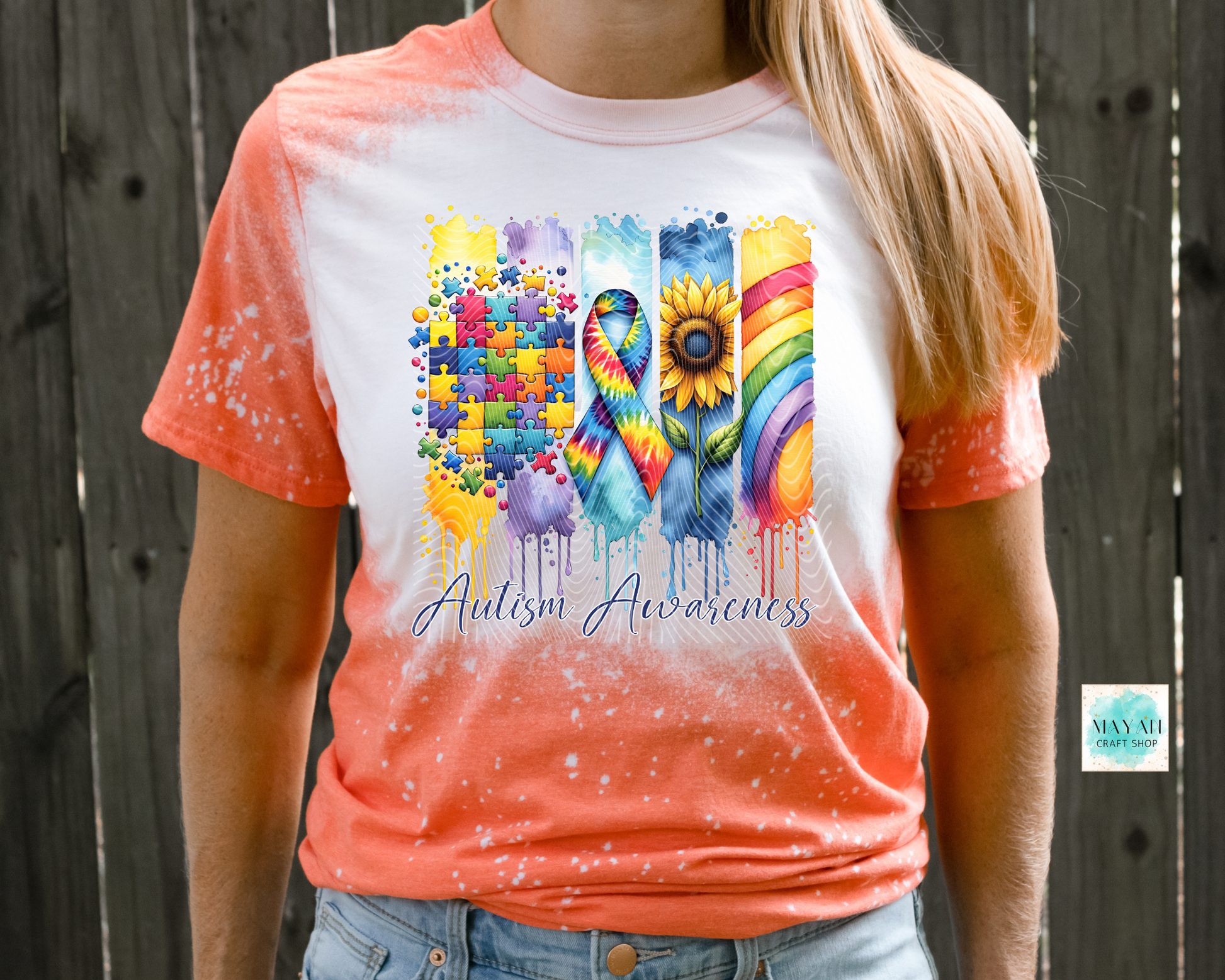 Autism awareness heather orange bleached tee. -Mayan Craft Shop