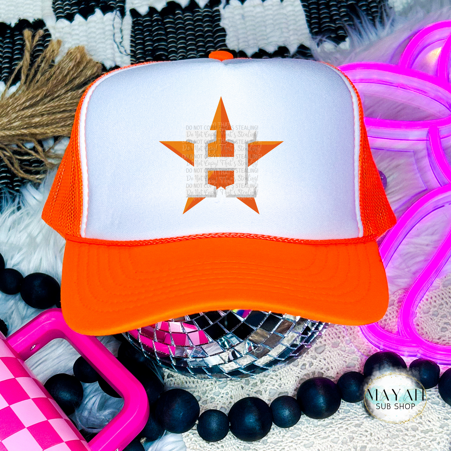 Houston baseball star orange trucker hat. -Mayan Sub Shop