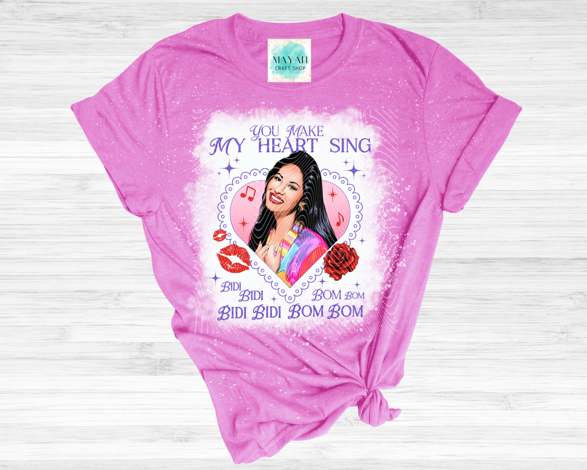 Make my heart sing heather orchid bleached tee. -Mayan Craft Shop