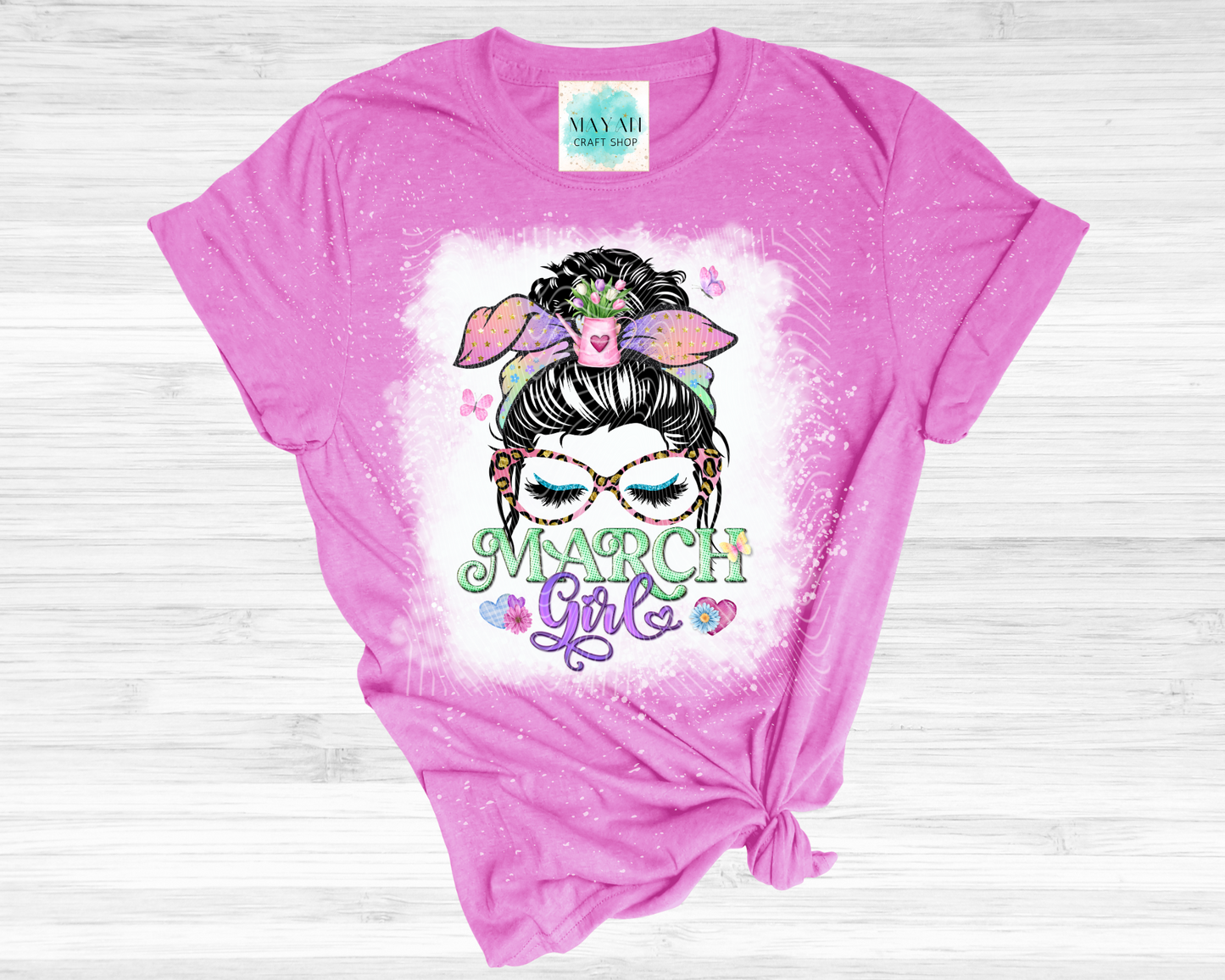 March girl heather orchid bleached tee. -Mayan Craft Shop