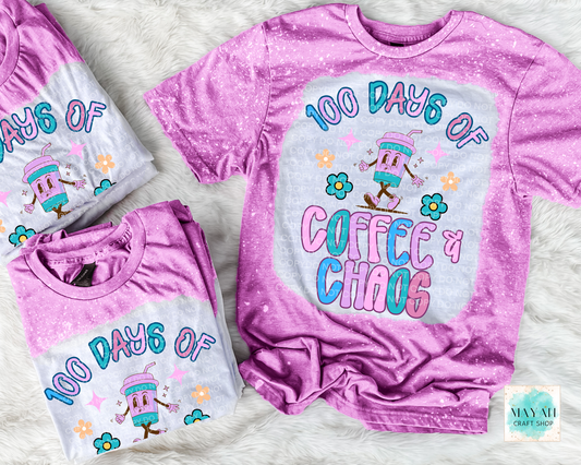 Pink t-shirt with '100 Days of Coffee & Chaos' text and cartoon character on a white background