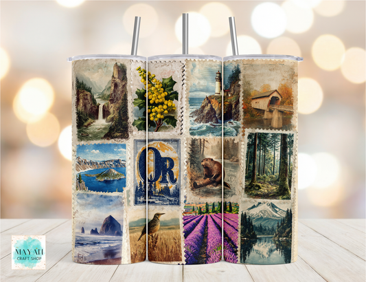 Tumbler with scenic design featuring nature scenes and the letter 'OR'.