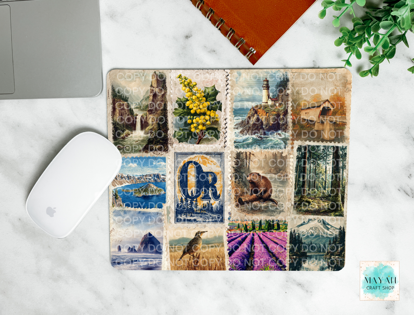 Mouse pad with scenic design on a marble surface