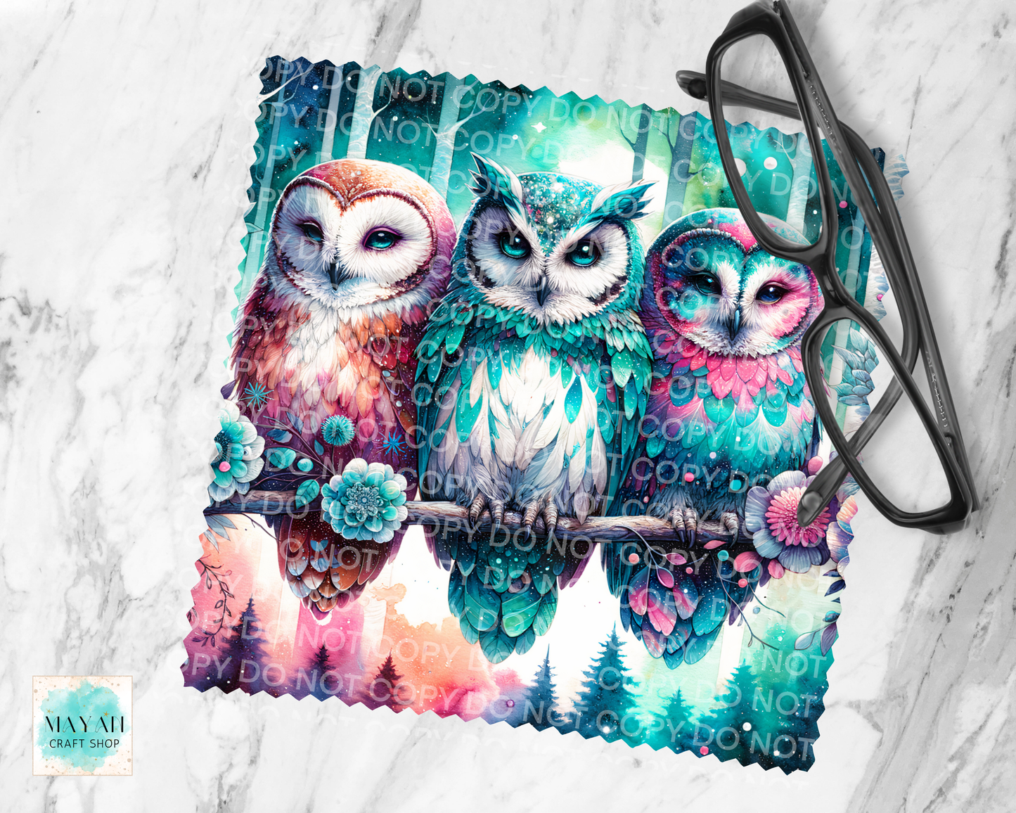 Colorful owls with glasses on a textured white background