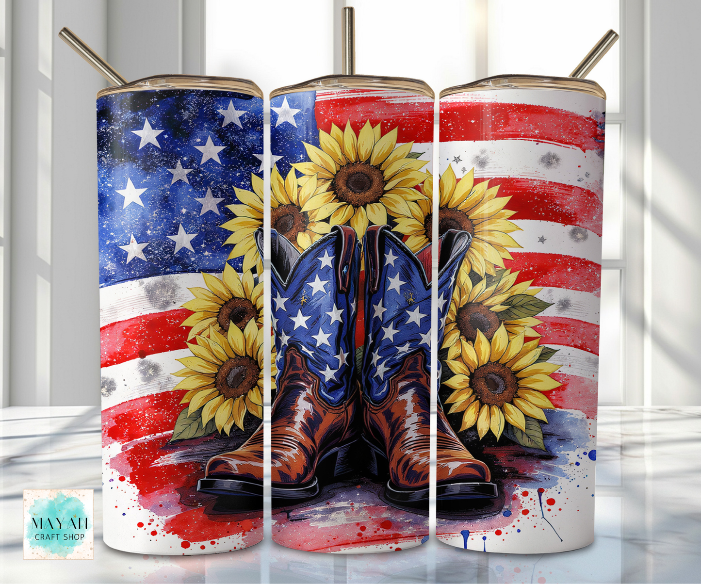 Three tumblers with American flag and sunflower design featuring cowboy boots.