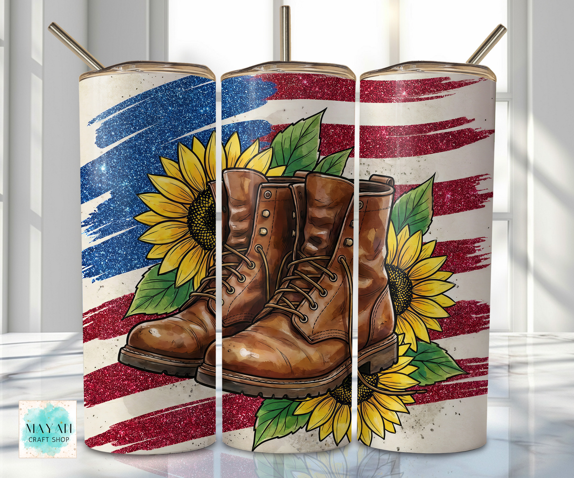 Tumbler with American flag design featuring boots and sunflowers on a white background.