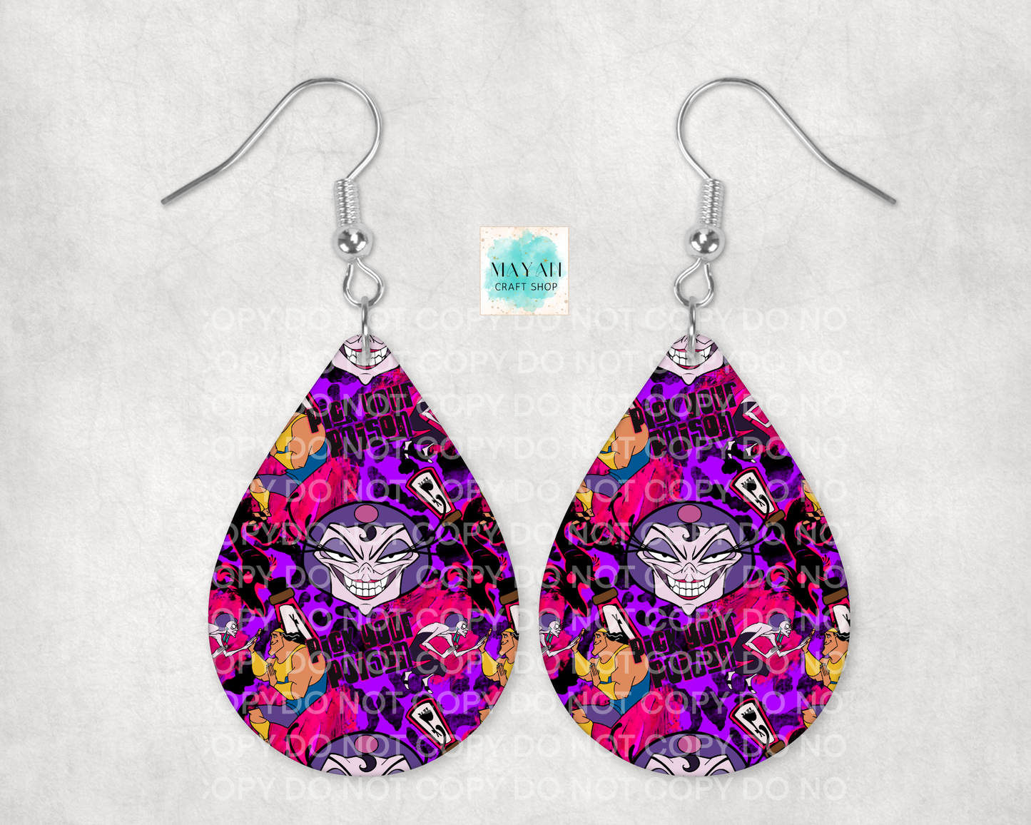 Teardrop-shaped earrings with a colorful design on a white background