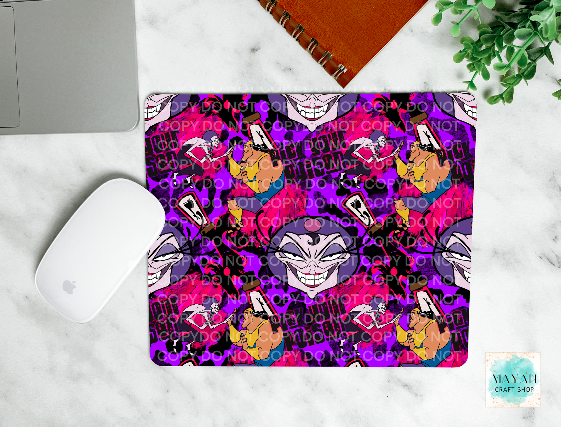 Colorful mouse pad with character design on a marble surface
