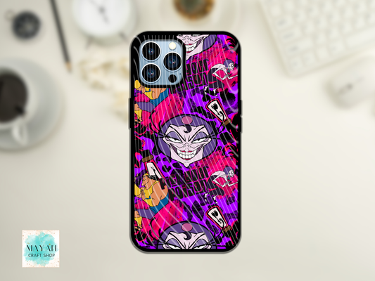 Phone case with colorful design on a light surface.