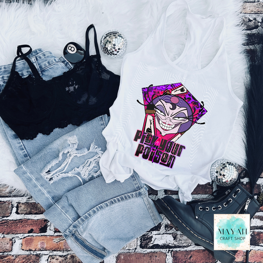 White tank top with graphic design, black bralette, denim shorts, and black shoes on a brick surface.