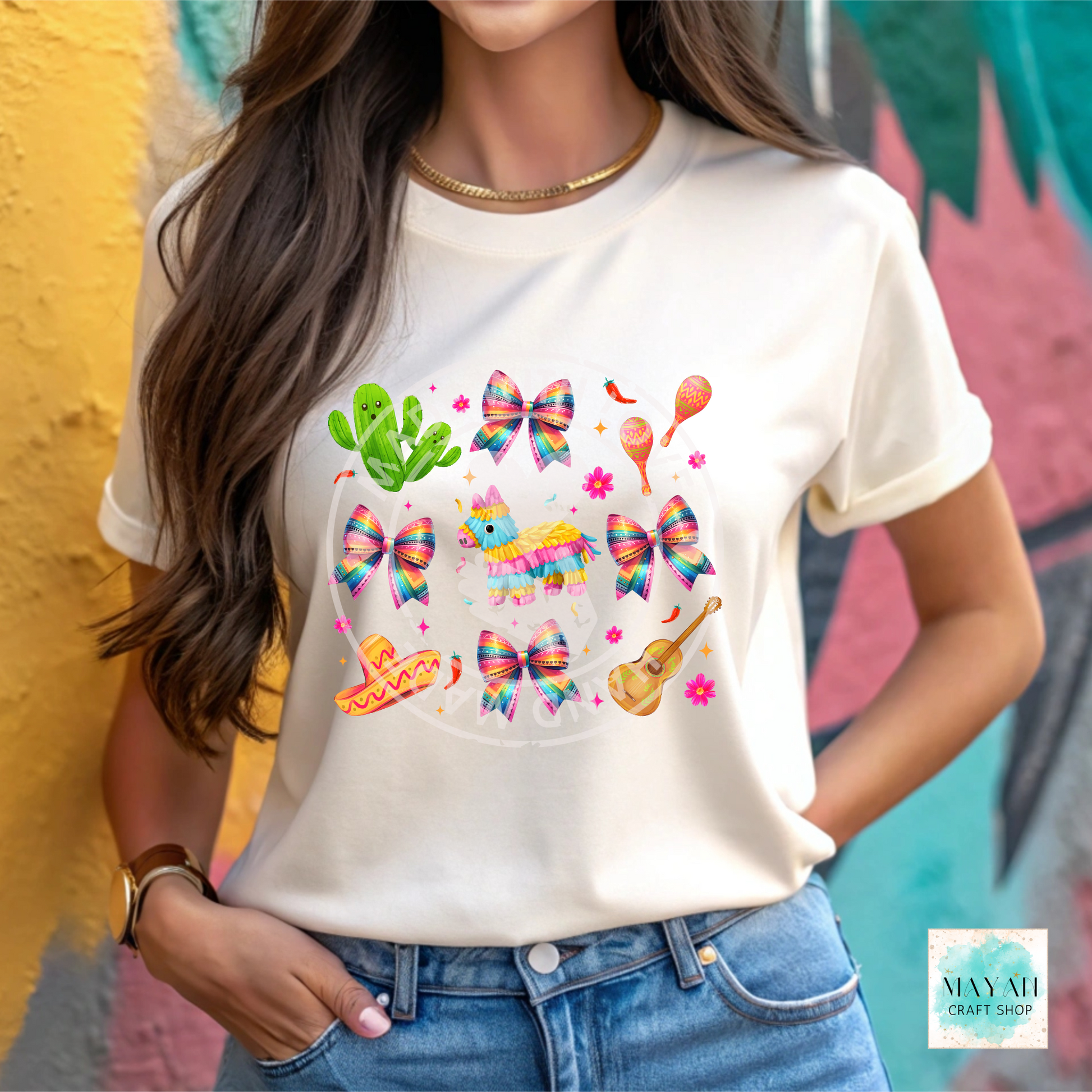 Pinata Mexican bows heather natural shirt. -Mayan Craft Shop