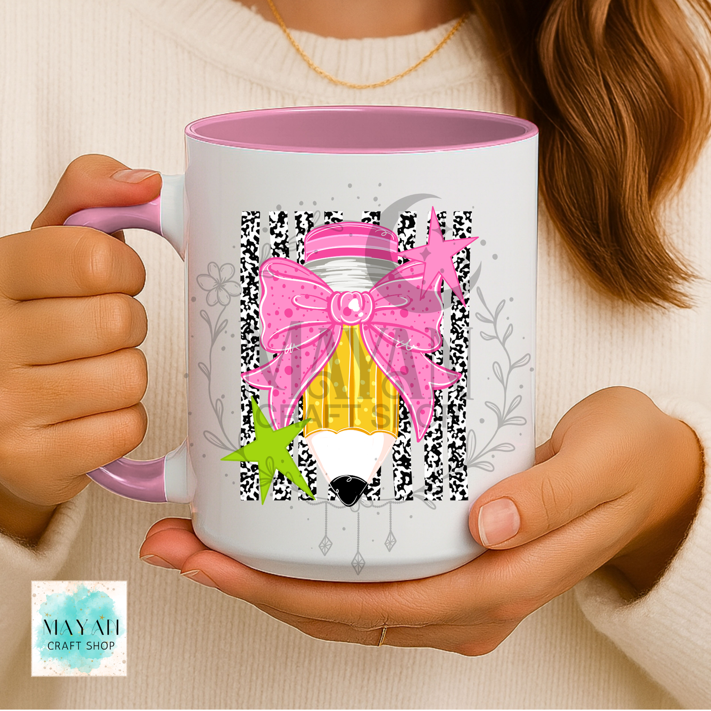 Pencil bow light pink mug.