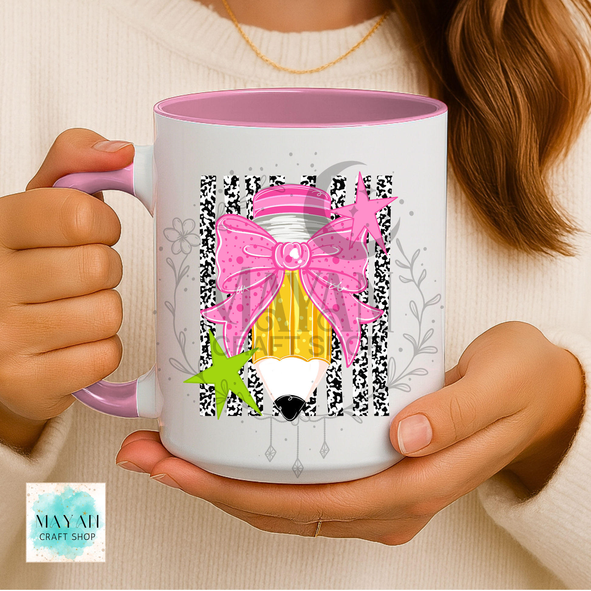 Pencil bow light pink mug.
