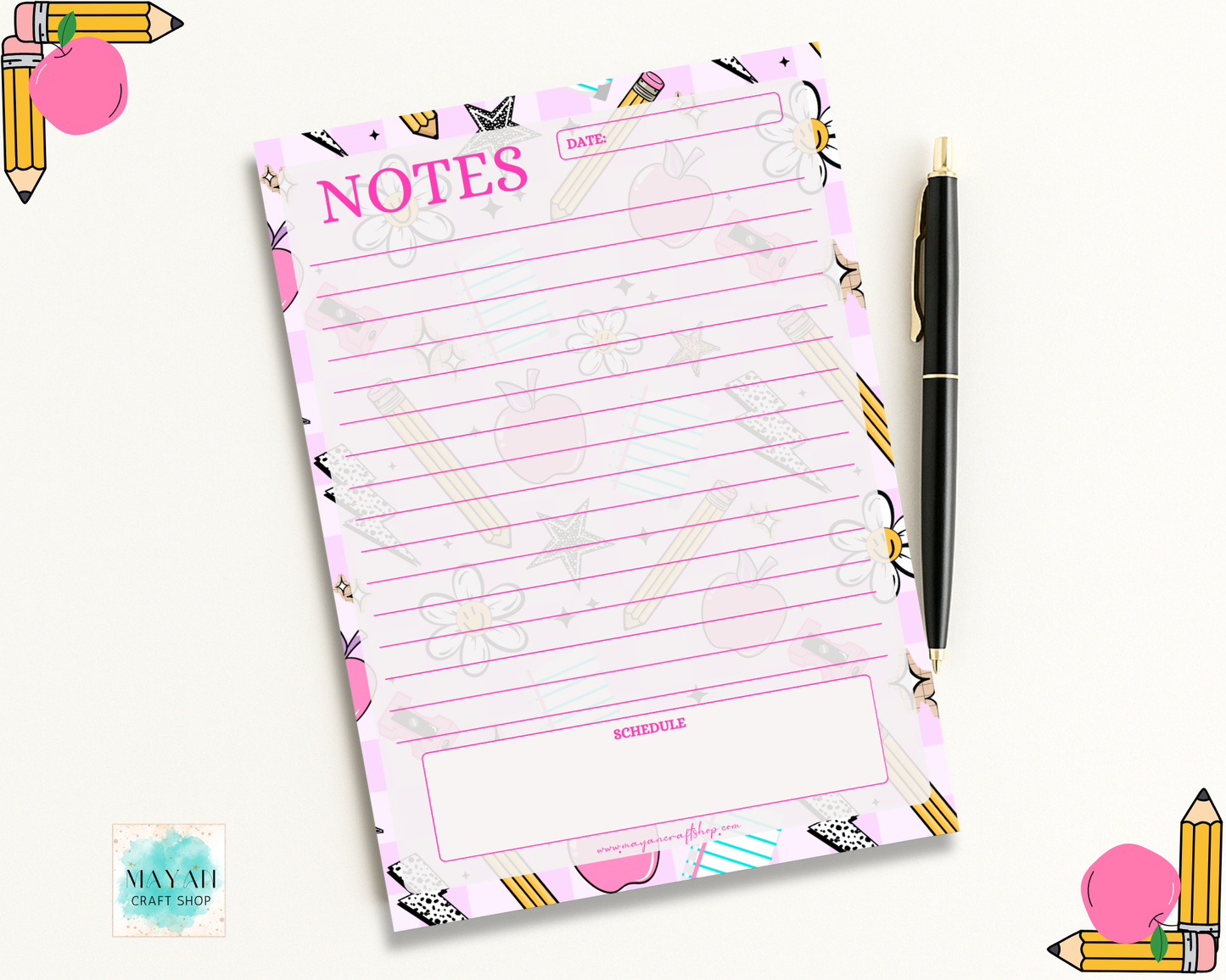 Notepad with 'NOTES' and 'DATE' text, surrounded by stationery items on a white background.