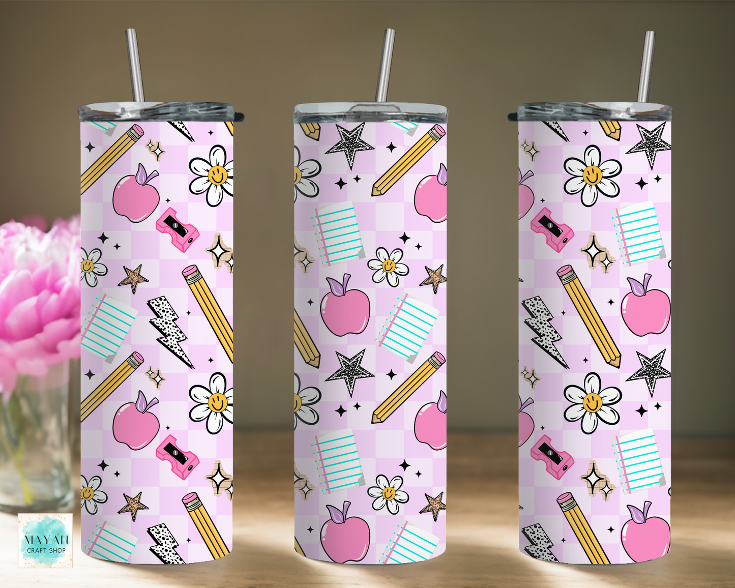 Pink apple checker tumbler.
