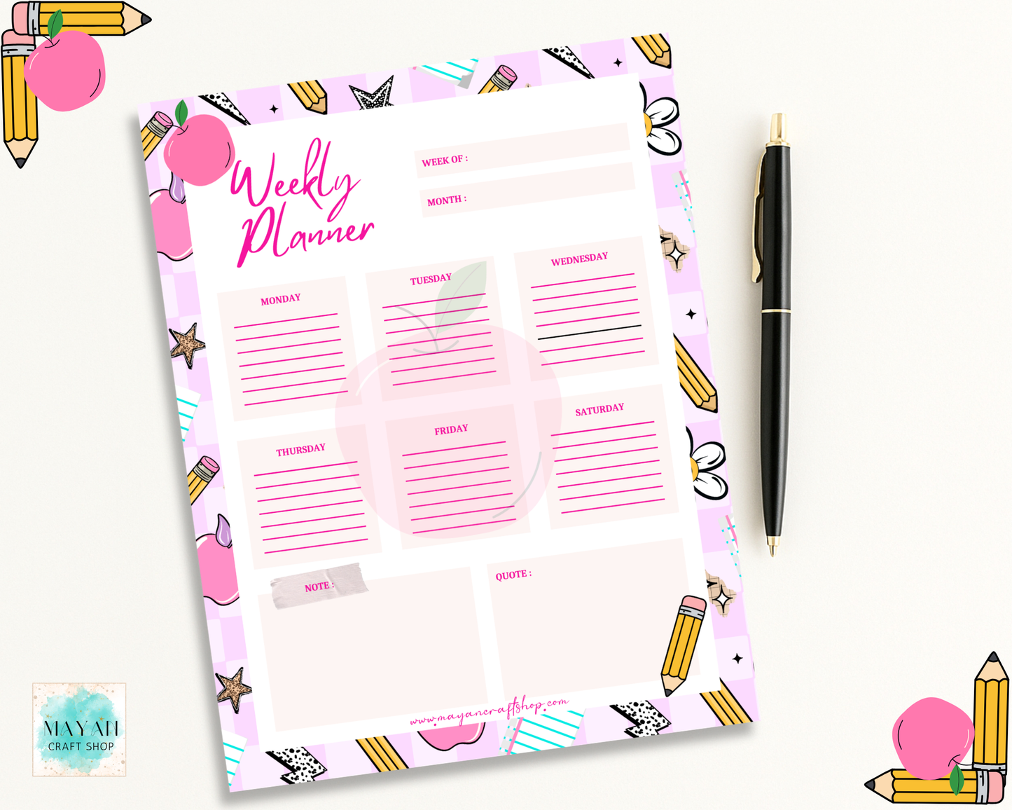 Weekly planner sheet with colorful border and pen on a white background