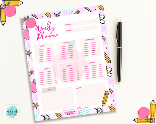 Weekly planner sheet with colorful border and pen on a white background