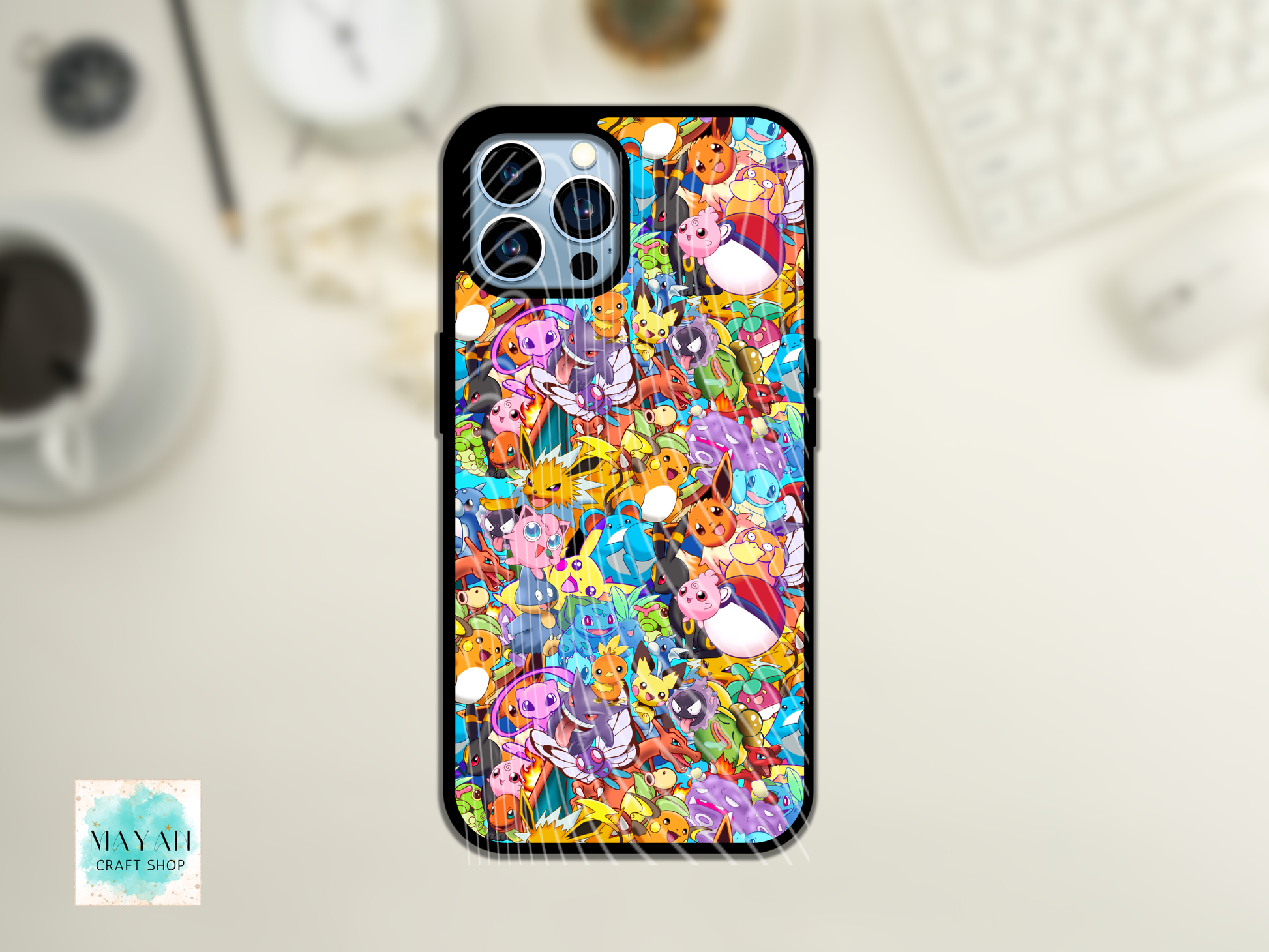 Phone case with colorful cartoon character pattern on a light gray background