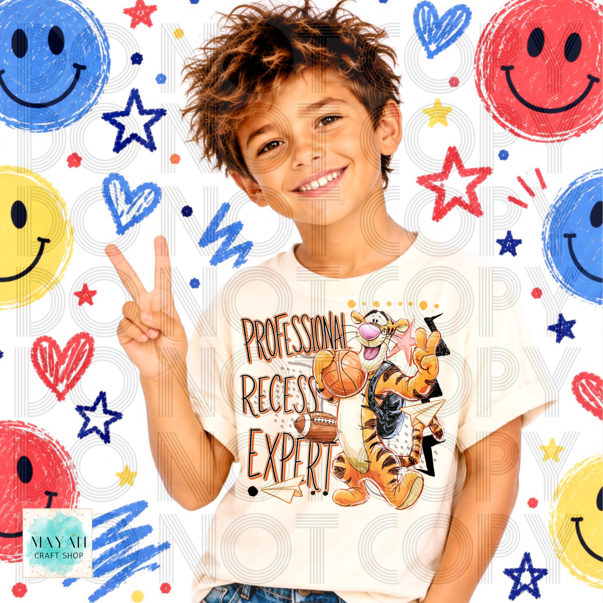 A smiling young boy wearing a white graphic t-shirt with a cartoon and the text 'PROFESSIONAL REGRESS EXPERT'. The background is white with colorful faces, stars, and hearts, and has a faint watermark overlay.