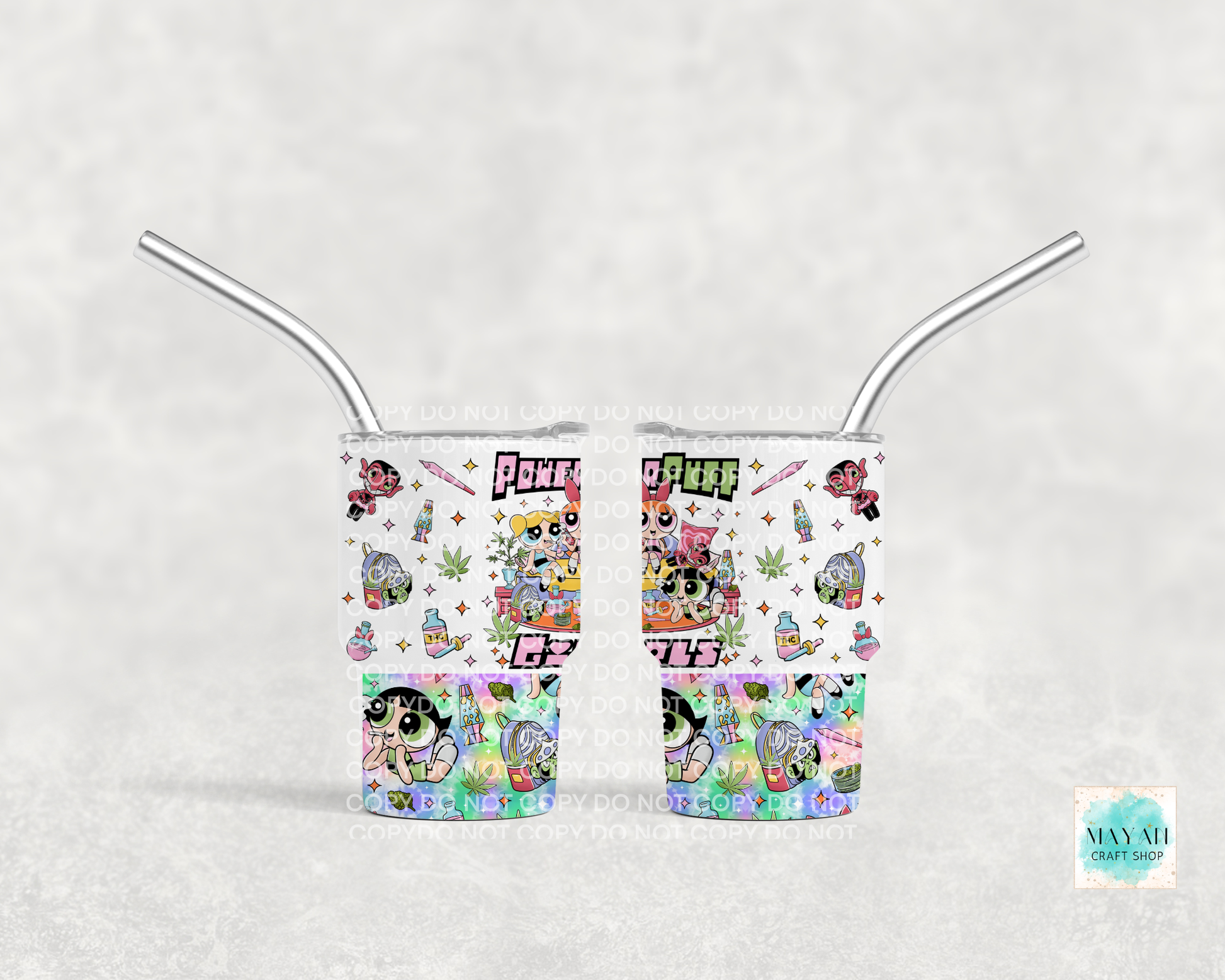 Two colorful tumblers with straws on a white background