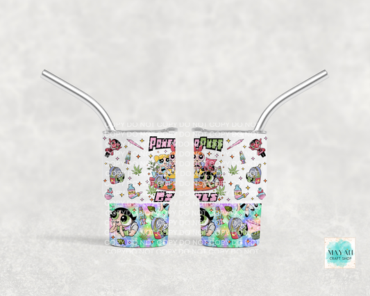 Two colorful tumblers with straws on a white background