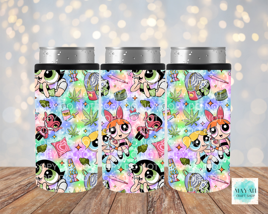 Three colorful tumblers with cartoon character design on a wooden surface.