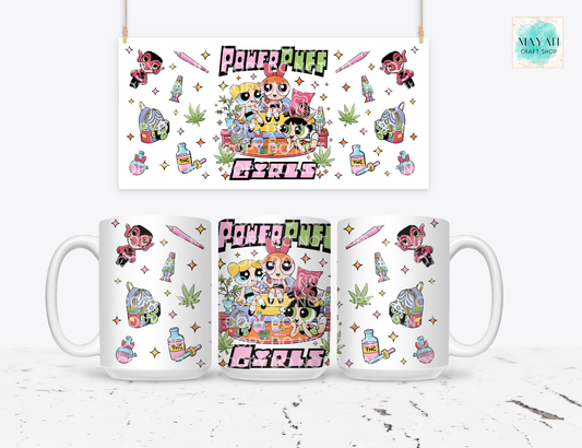 Three mugs with vibrant design on a white surface