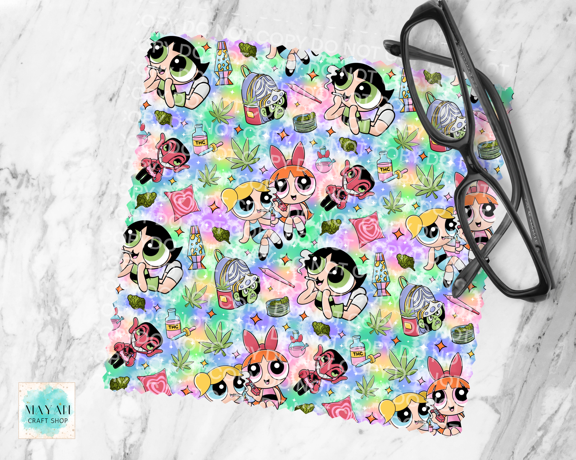 Colorful pattern of cartoon characters on a white surface with glasses on top.