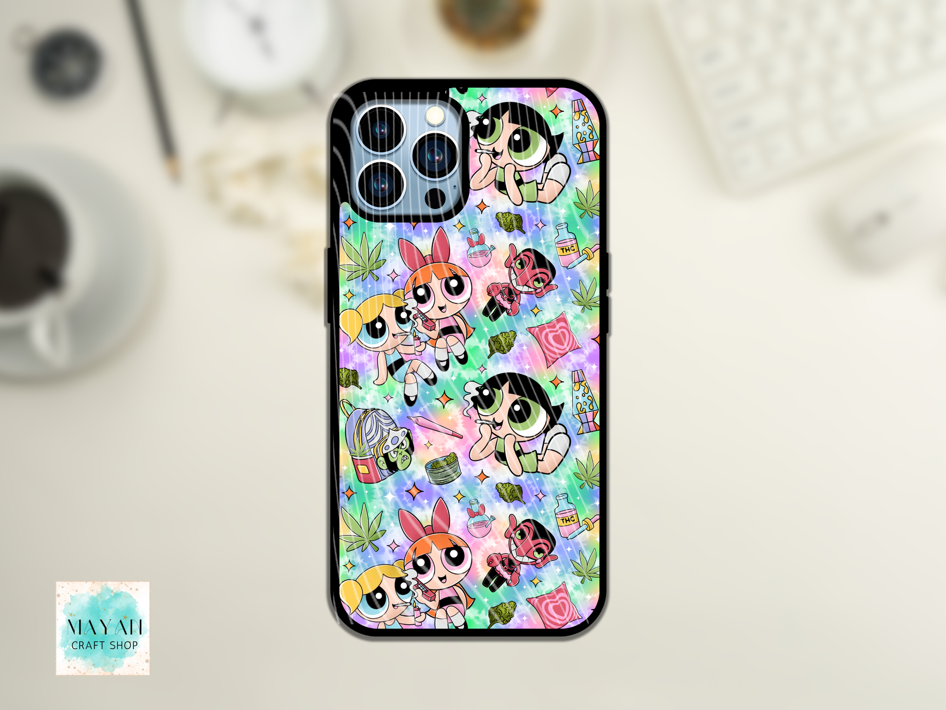 Phone case with cartoon character design on a light background