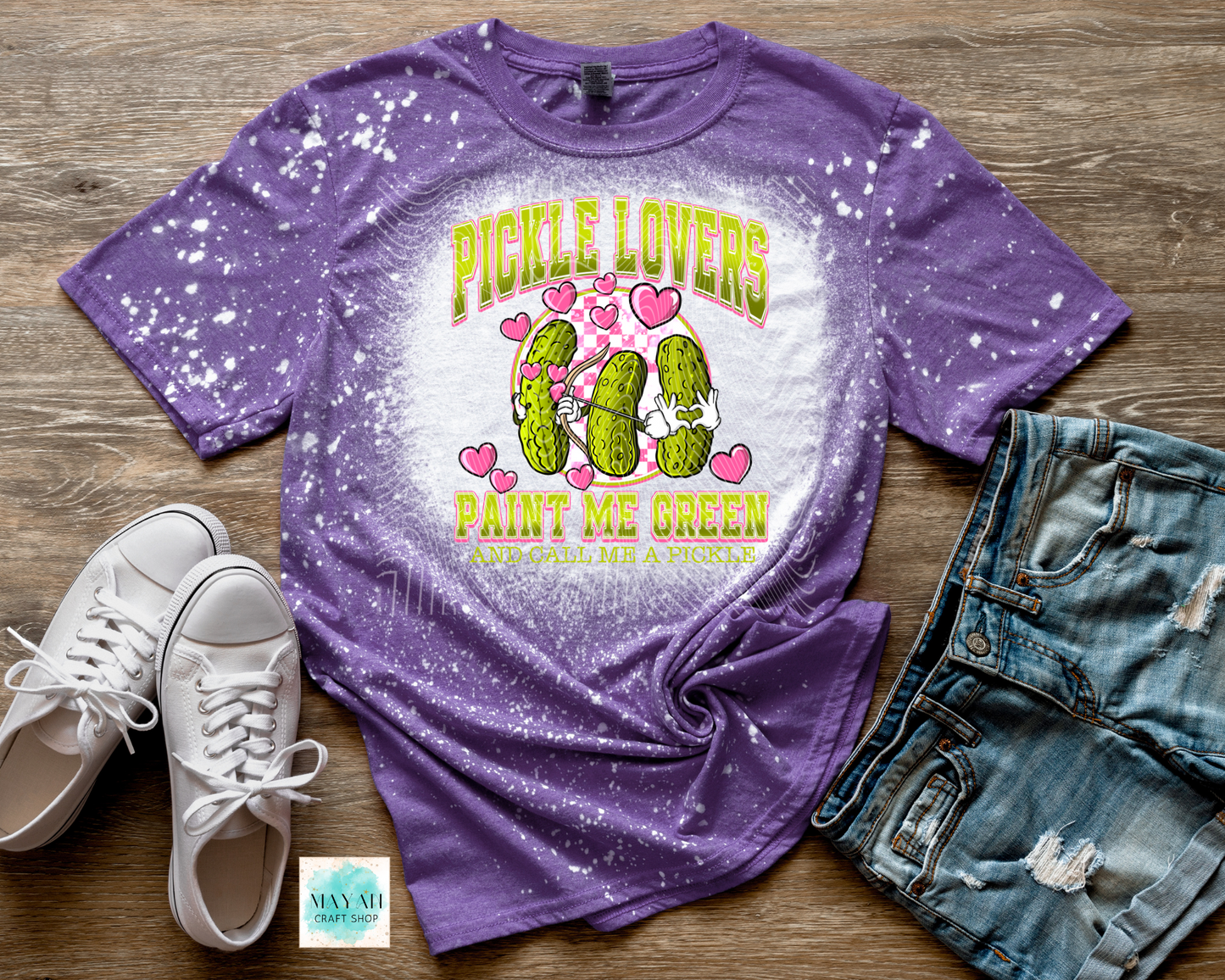 Pickle lovers bleached heather purple shirt. -Mayan Craft Shop