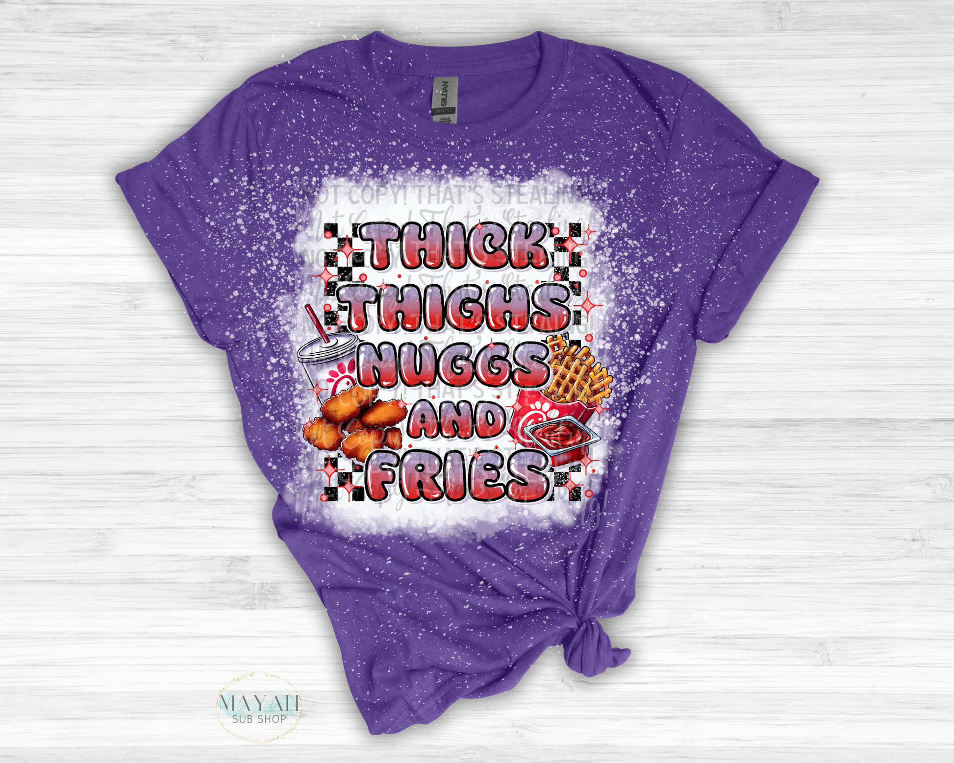 Thick Thighs Nuggs and Fries Bleached Shirt - Mayan Sub Shop