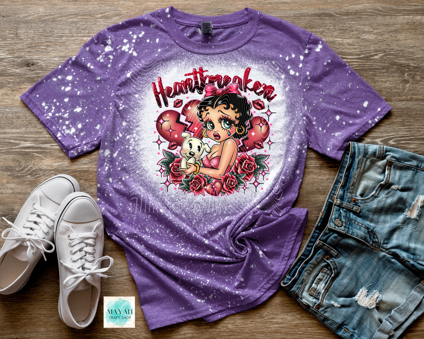 Heartbreaker heather purple bleached shirt. -Mayan Craft Shop