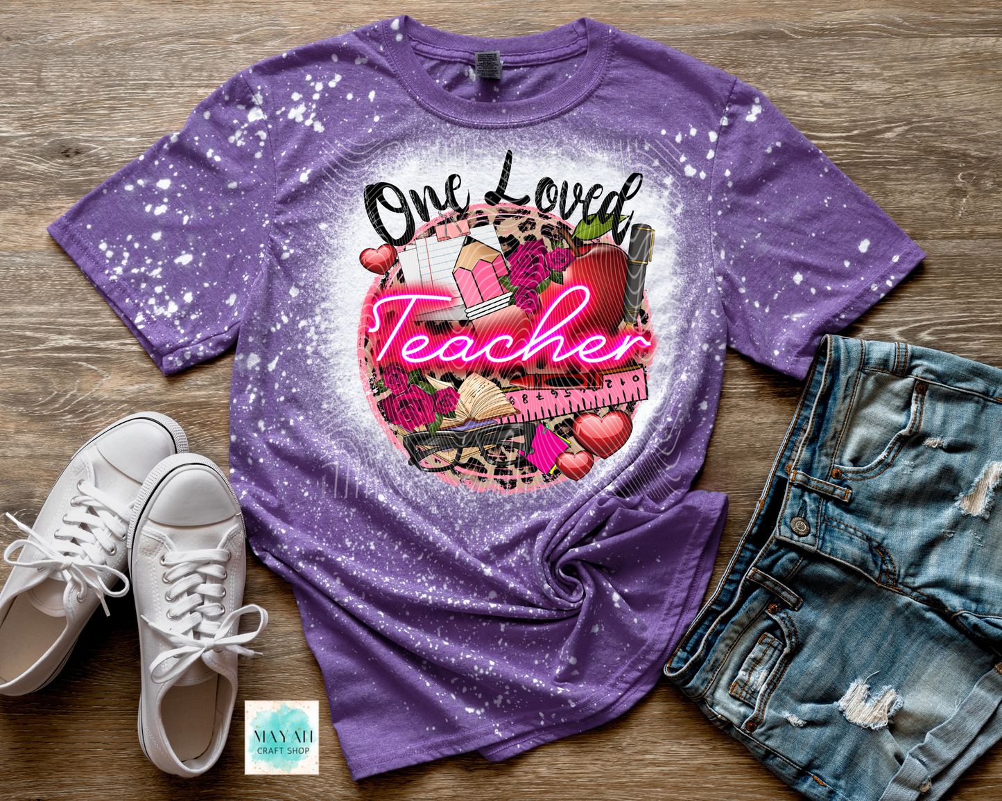 One loved teacher heather purple bleached shirt. -Mayan Craft Shop