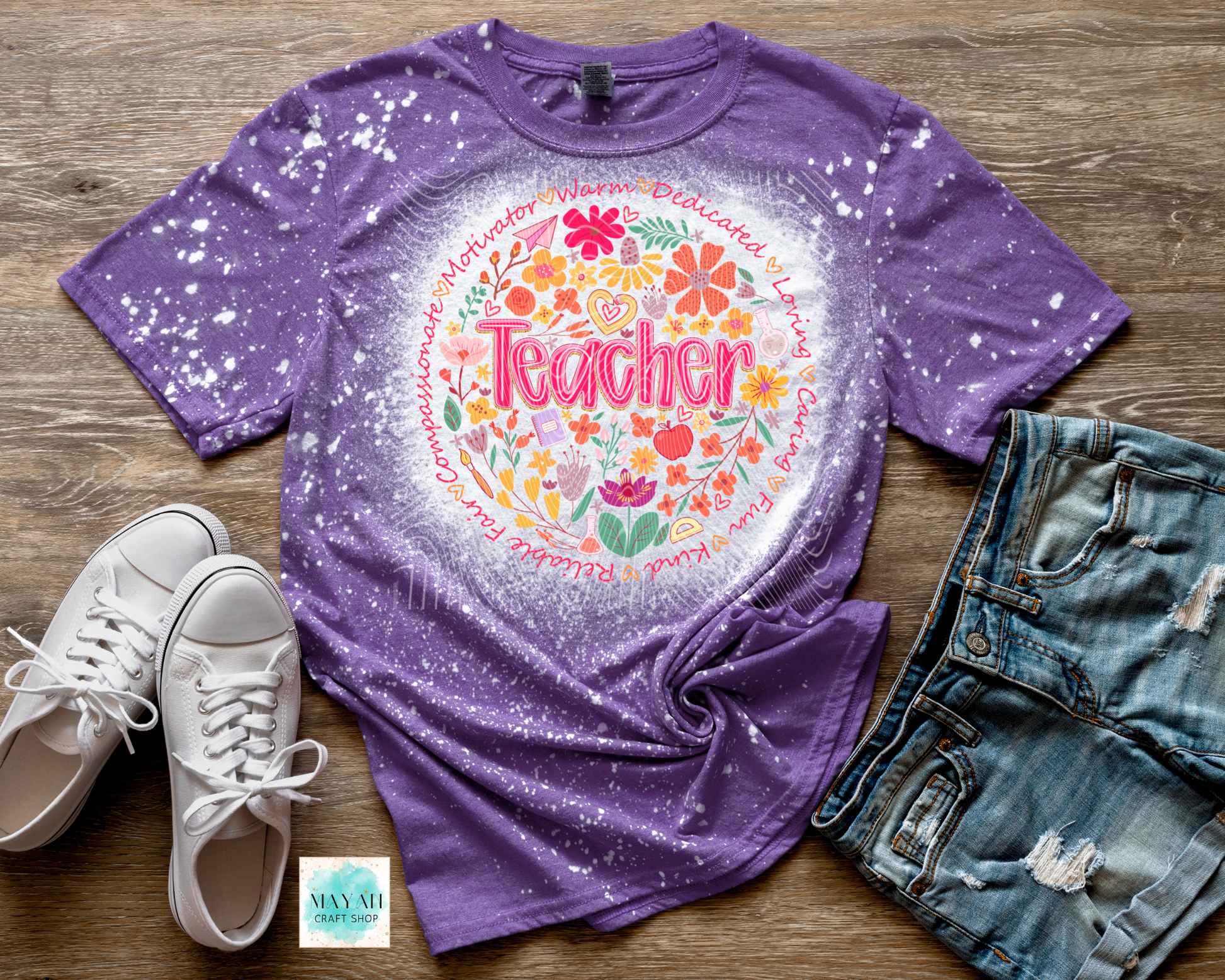Teacher meaning heather purple bleached tee. -Mayan Craft Shop