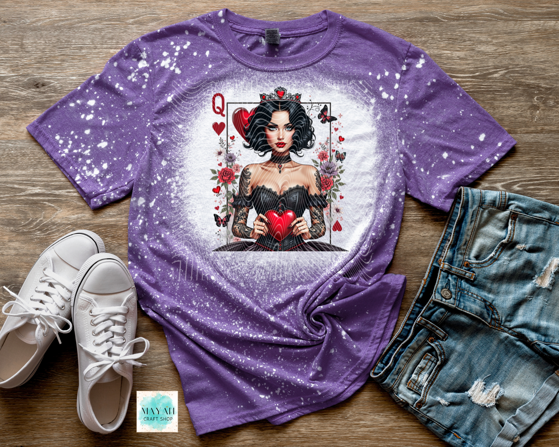 Queen of hearts heather purple bleached tee. -Mayan Craft Shop